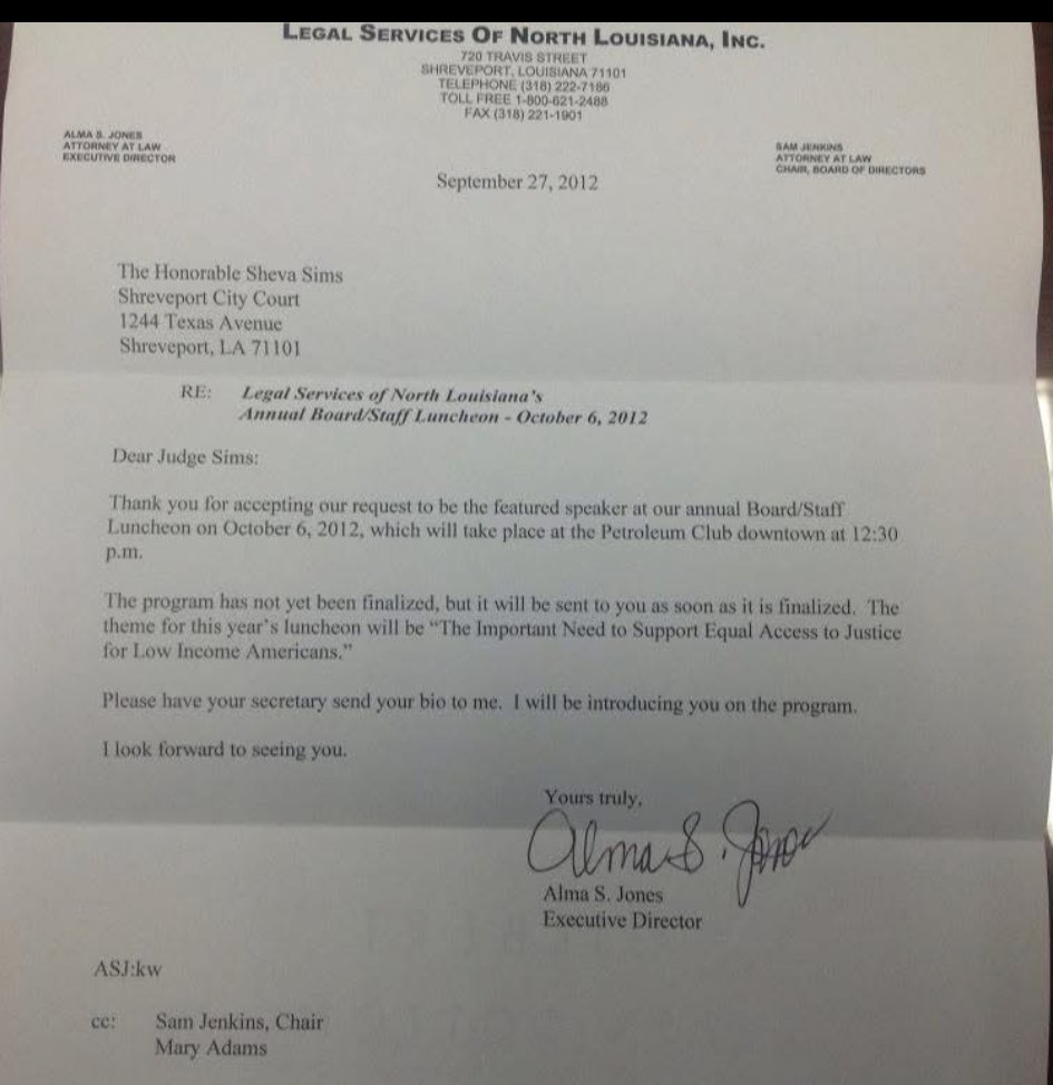 Service or recognition documentation for Judge Sims