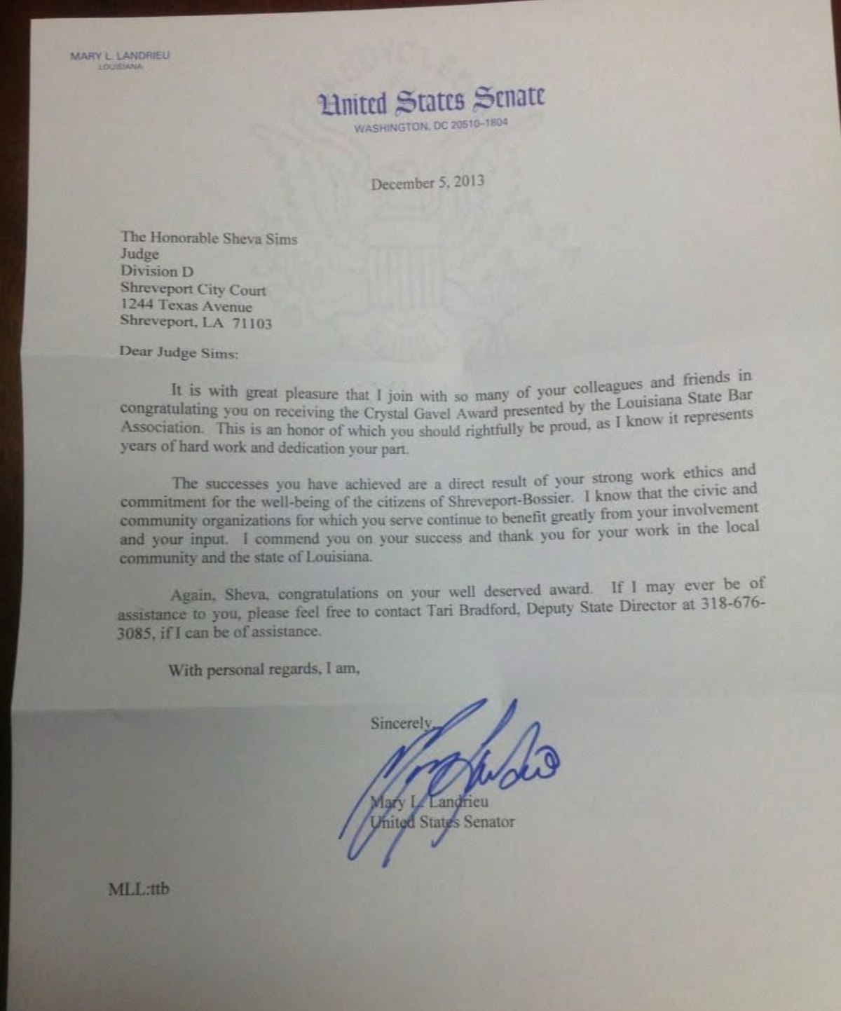 Legal Services of North Louisiana letter inviting Judge Sims as featured speaker